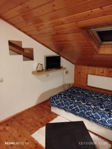 a bedroom with a bed and a tv on the wall at Central Victoriei Guesthouse in Bucharest