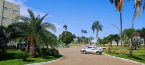 a car parked in a parking lot with palm trees at Liguori Hotel in Trindade