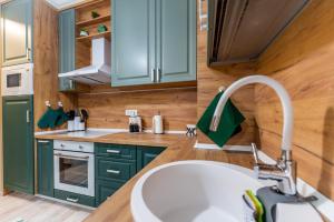 a kitchen with a sink and green cabinets at Cozy Collection Apartments at Adora Park in Arad +117 photos
