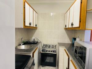 a small kitchen with a sink and a stove at Melrose place in Francistown