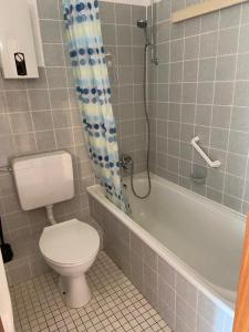 a bathroom with a toilet and a shower curtain at FeWo Schulze in Fehmarn +10 photos