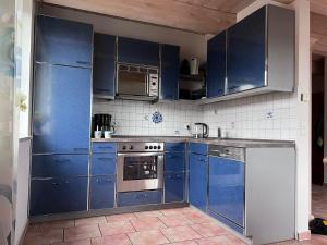a blue kitchen with stainless steel appliances and blue cabinets at FeWo Heinz in Fehmarn