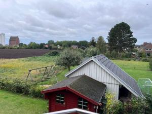 a red shed with a roof on a field at FeWo Heinz in Fehmarn