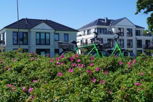 deux vélos garés devant des bâtiments avec des fleurs dans l'établissement Ferienresidenz Haus Vogelflug Strandresidenz Vogelflug App 10, à Fehmarn