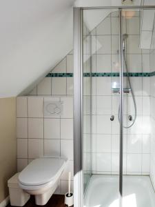 a bathroom with a shower and a toilet at Ferienwohnung Küthe in Fehmarn +9 photos