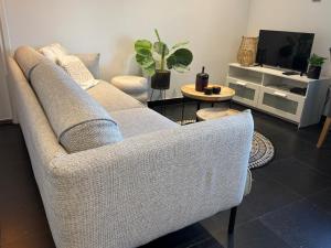een woonkamer met een bank en een tv bij Vakantiewoning aan de Kust 16 in Egmond aan Zee