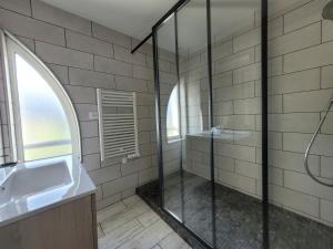 un bagno con doccia in vetro e lavandino di Résidence Andurans - Pyrénées Resort ad Argelès-Gazost