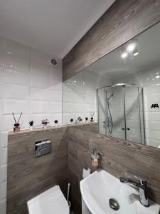 a bathroom with a sink and a shower and a toilet at APARTAMENTY CENTRUM in Kostrzyn nad Odrą
