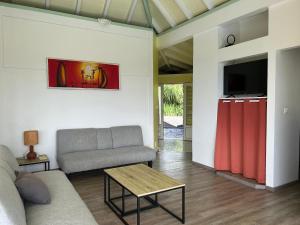 a living room with a couch and a tv at Les marches de Paulina in Sainte-Luce