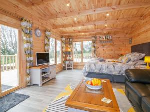 a log cabin living room with a bed and a tv at Little Orchard Lodge in Truro