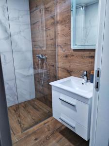 a bathroom with a white sink and a shower at Moj Mir in Vrnjačka Banja +13 photos