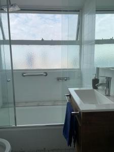 Piso 24 vista al Obelisco في بوينس آيرس: حمام مع دش ومغسلة ونافذة