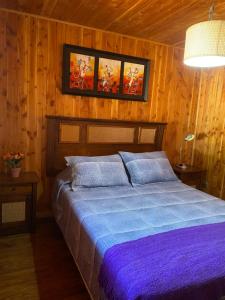 a bedroom with a bed in a wooden room at Casa 1 de relajo con áreas verdes in Pucón +10 photos