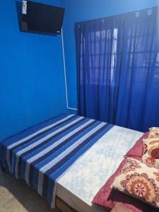1 dormitorio azul con 1 cama con paredes azules en El RINCON de ROSA 1, en Mar del Tuyú