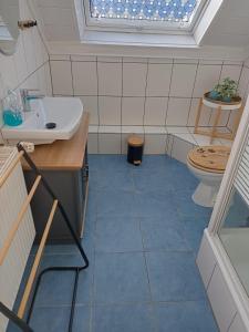 a bathroom with a sink and a toilet at Ferienwohnungen 20er in Byhleguhre-Byhlen