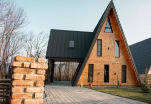 an exterior view of a house with a black roof at Dom Chalet in Tisău