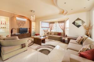 uma grande sala de estar com sofás e uma televisão em Natura House em Ialyssos