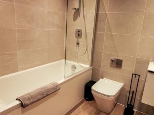 a bathroom with a shower and a toilet and a tub at Glynllifon 3 in Llanallgo +14 photos