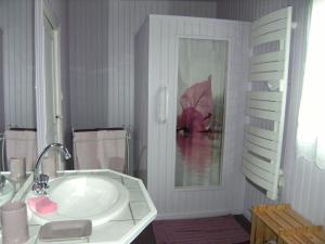 baño con lavabo y sombrilla roja en La Chaussee Des Ponts, en Noyers-sur-Cher 25 fotos más