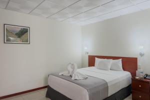 Una habitación de hotel con una cama con una toalla encima. en Hotel Windsor Plaza, en San Salvador