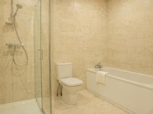 a bathroom with a shower and a toilet and a bath tub at Bears Court Barn 5 in Cheltenham +26 photos