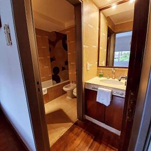 a bathroom with a sink and a toilet and a mirror at Apart Santa Marta in Salta +38 photos
