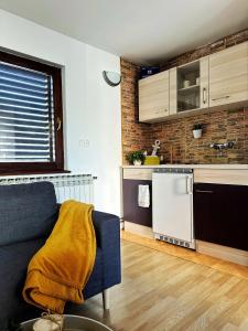a living room with a couch and a kitchen at Bajkoviti kutak 2 in Ogulin +5 photos