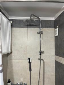 a shower with a shower head in a bathroom at Elegant Downtown Retreat in Kalamata +26 photos