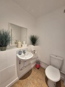 a white bathroom with a toilet and a sink at Rosies Retreat 2 Bedroom Farm Cottage in Preston Bisset