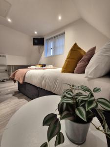 a bedroom with a bed with a table and a plant at Rosies Retreat 2 Bedroom Farm Cottage in Preston Bisset