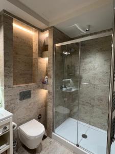 a bathroom with a shower and a toilet at Apartman 509 Zepterme -private host in Vrnjačka Banja +24 photos