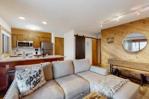 a living room with a couch and a kitchen at Snowshoe Condo in Bellaire