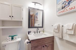 a bathroom with a sink and a toilet and a mirror at Snowshoe Condo in Bellaire +12 photos