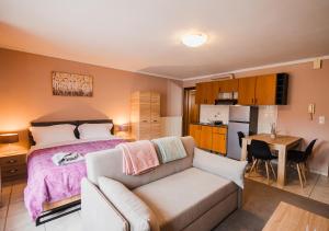 a bedroom with a bed and a couch and a kitchen at Guesthouse Pezodromos in Kalavrita