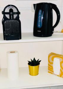 a black tea kettle and a plant on a counter at Place à quelques pas du Musée du Louvre au Centre de Paris in Paris