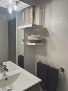 a bathroom with a sink and a counter with a mirror at Perigueux T2 proche du quartier historique in Périgueux +11 photos