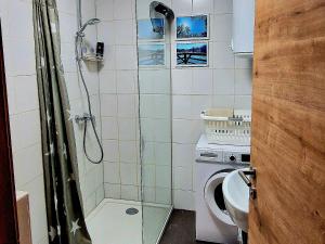 a bathroom with a shower and a washing machine at Mi casa es tú casa in Tittling +20 photos