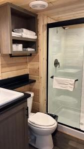a bathroom with a toilet and a glass shower at 063A Brand New Cozy Cabin with Loft & King bed near Grand Canyon South Rim in Valle +11 photos