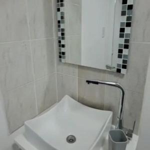 a bathroom with a white sink and a mirror at Monoambiente Neli in Villa Pehuenia