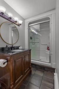 een badkamer met douche, wastafel en spiegel bij Forest House 1 Bdrm Qv Lake View Parking in St. John's