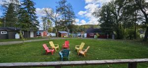 un groupe de chaises assises dans l'herbe dans une cour dans l'établissement Trent River Cottages, à Hastings