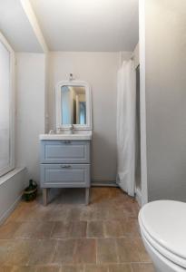 a bathroom with a sink and a mirror and a toilet at Le Maréchal - Appartement cœur de ville avec vue in Clermont-Ferrand