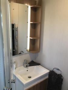 a bathroom with a sink and a mirror at Parkknott Retreat in Askam in Furness