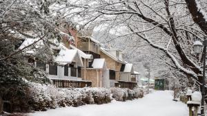 a snow covered street with houses and trees at Gapyeong Haneuldari pet pension in Gapyeong
