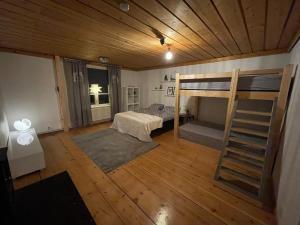 a room with two bunk beds and a wooden ceiling at Arctic house in Rovaniemi