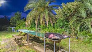 a picnic table with a grill and a table with food on it at Jeju CountryFarmpension in Seogwipo