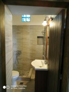 Un baño con lavabo, ducha e inodoro. en Sigalas House, Sikinos Island, en Síkinos 5 fotos más