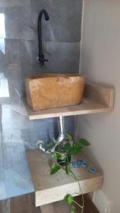 a wooden sink on a shelf next to a plant at Cartagena Hotel Boutique - Manga - Tierra del Mar - Colombia in Cartagena de Indias