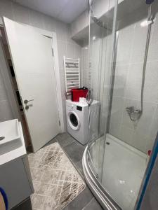 a bathroom with a shower and a washing machine at Classic Suite MS34 in Istanbul
