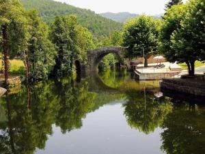 a view of a river with a bridge and trees at Quinta do Brejo in Vila Cova à Coelheira